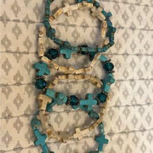 Turquoise and Cream Cross Stretch Bracelet Set